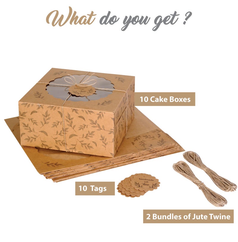 mudrit Kraft Cake Boxes with Window (10pcs) - Brown Bakery Boxes for Cakes, Donuts, Pie, Cookies, Cupcakes, Chocolates, Desserts: Size 10x10x5 Inches - Image 2